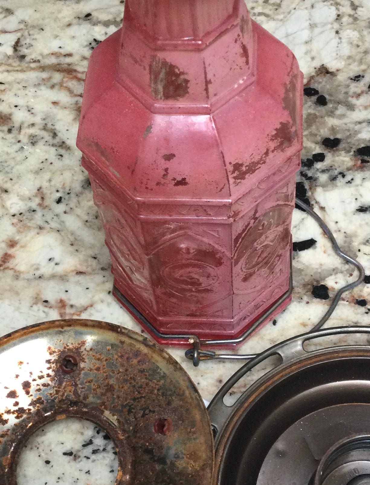 A real photo of  Perky-Pet® Red Square Antique Glass Bottle Hummingbird Feeder by Judinikol (1)