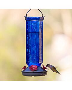 More Birds® Kristina Blue Glass Hummingbird Feeder - hummingbird at feeder
