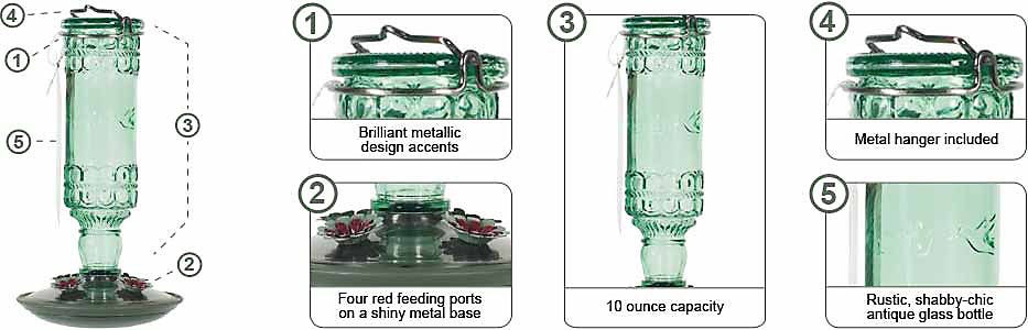 Perky-Pet Antique Bottle Hummingbird feeder features