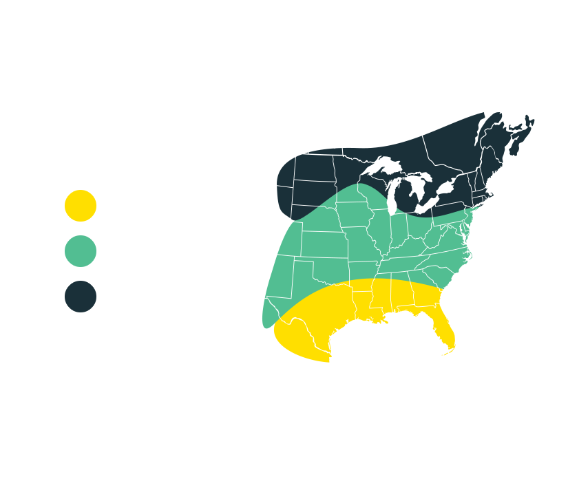 map of the distribution of ruby-throated hummingbird