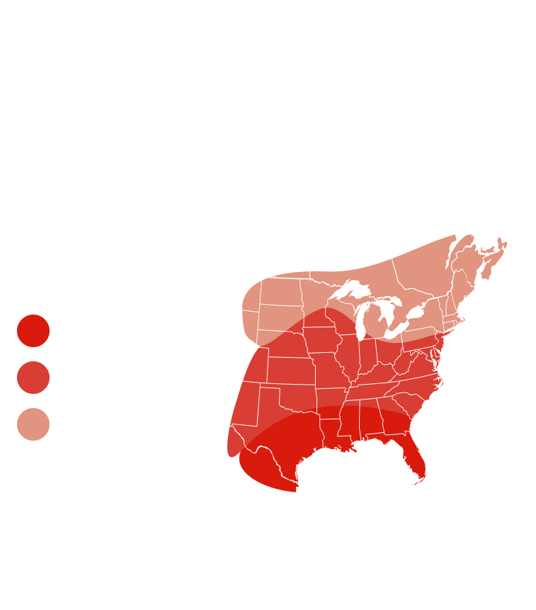 map of the distribution of ruby-throated hummingbird